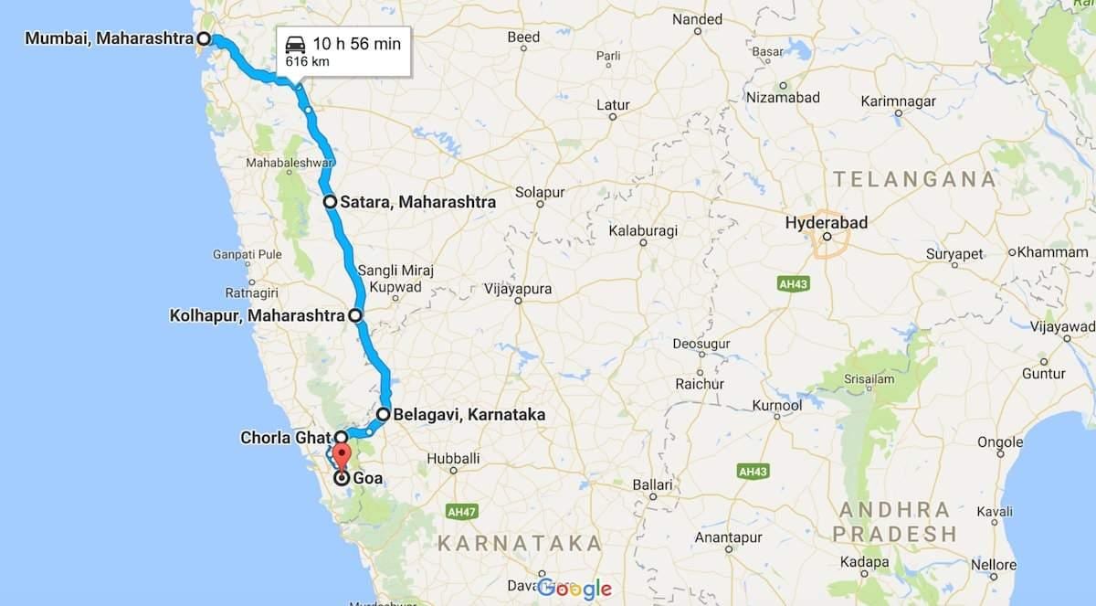 ಮುಂಬೈ ಗೆ ಗೋವಾ ರಸ್ತೆ ನಕ್ಷೆ